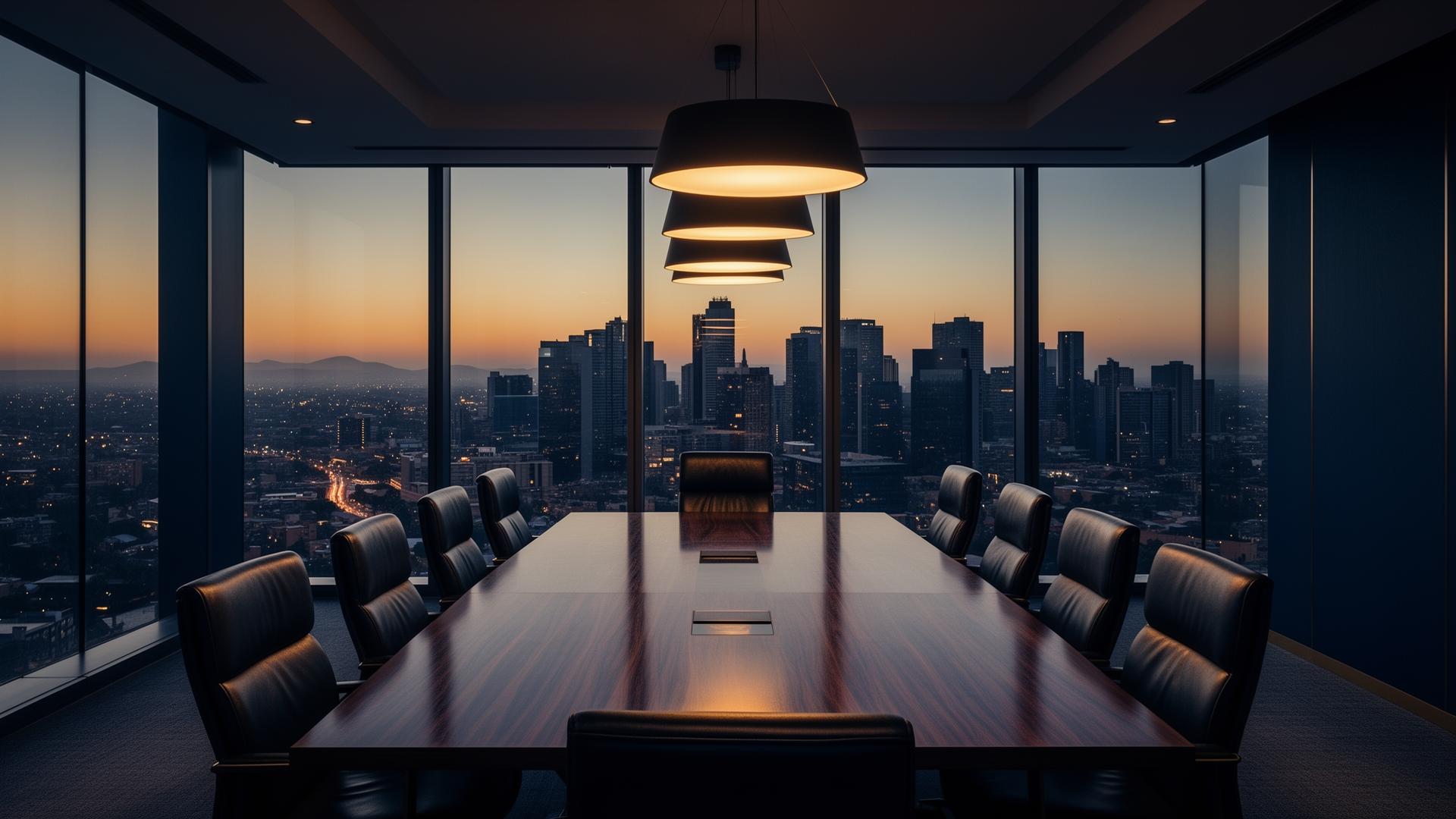 Executive boardroom overlooking the Johannesburg skyline at dusk